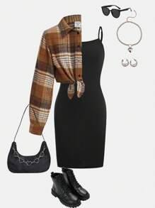 SHEIN Tween Girl Plaid Button-Up Shirt And Fitted Strap Dress 2pcs Set