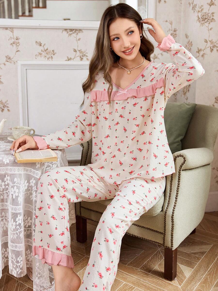 Bộ đồ ngủ nhún bèo họa tiết hoa 3 món dành cho nữ - Màu be - Xem 1