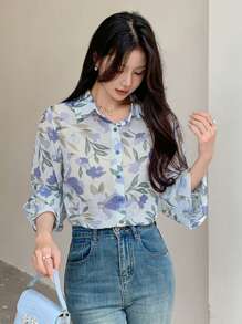 DAZY 花卉印花雪纺长袖女式衬衫 - 淺藍色 - 查看 5