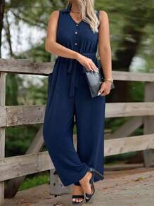 SHEIN LUNE جمبسوت سباحة صيفية من حجم كبير بأزرار أمامية وبدون أكمام، مع تفاصيل كشكشة - أزرق بحري - مشاهدة 1