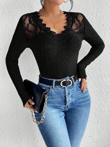 SHEIN Frenchy Áo thun vải thêu họa tiết chắp vá ren khoét rỗng cho nữ màu trắng - màu đen - Xem 3