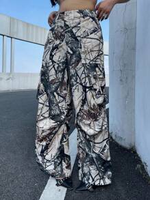 Flirla Quần ống đứng in họa tiết cành cây cổ điển cỡ lớn có túi - Nhiều màu - Xem 3