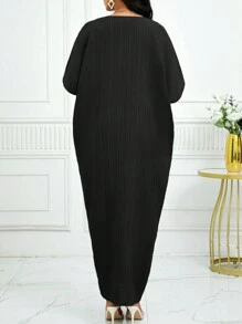 SHEIN Lady 秋冬纯色缺口领蝙蝠袖连衣裙 - 黑色 - 查看 3