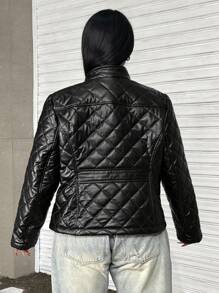 SHEIN EZwear Manteau matelassé slim ajusté à fermeture éclair de style rétro streetwear en grande taille - Noir - Voir 2