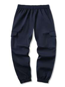 Manfinity Homme Men's Solid Color Drawstring Waist Cargo Pockets Casual Pants With Thermal Lined - Navy Blue - View 2