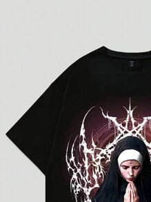 ROMWE MEN Street Life Men's Illusion Face Print Round Neck Short Sleeve T-Shirt, Suitable For Everyday Wear In Spring/Summer - Black - View 5