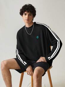 SWAVVY 男士休闲条纹拼布长袖宽松套头衫，适合秋冬