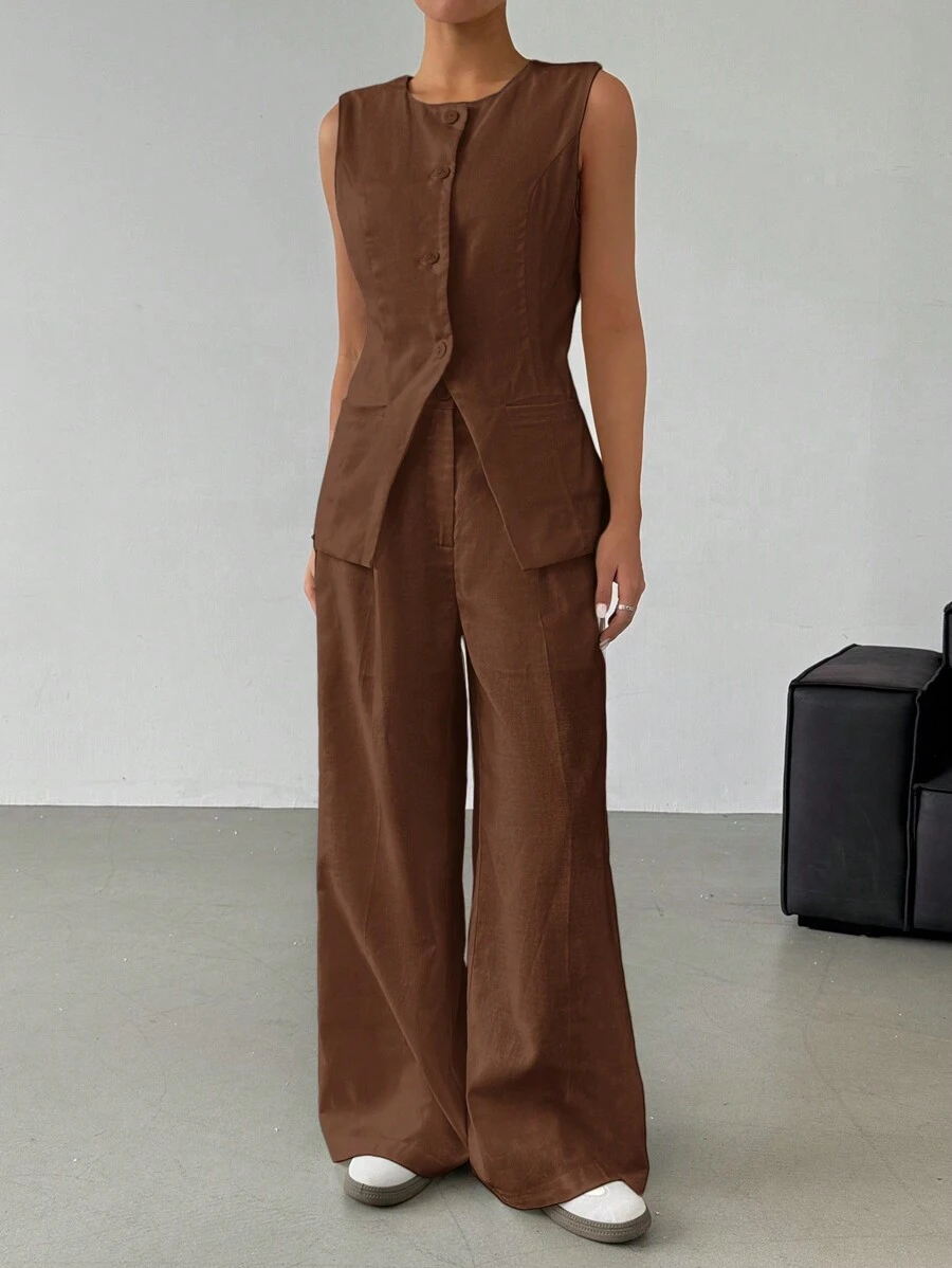 Muchica 2 件套女士亚麻休闲西装套装，简约时尚，适合工作和休闲 - 棕色 - 查看 1