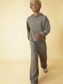 SHEIN 男童秋冬季灰色纯色落肩卫衣，带袋鼠口袋，休闲运动卫衣，适合日常穿着 - 灰色 - 查看 3