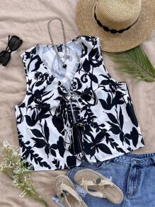 Soleia 大码女式复古印花 V 领无袖系带开衫上衣