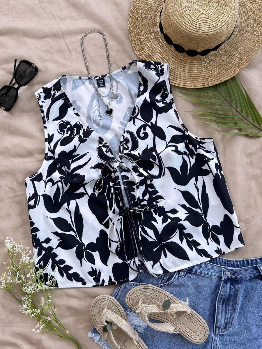 Soleia 大码女式复古印花 V 领无袖系带开衫上衣