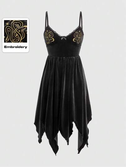 Autumn Gothic Snake Embroidered Velvet Asymmetrical Hem Slip Dress