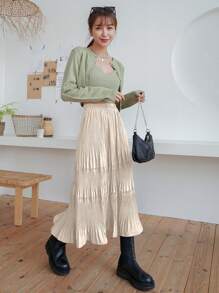 DAZY 1 件女式纯色褶边荷叶边优雅半身裙秋季 - 米色 - 查看 3