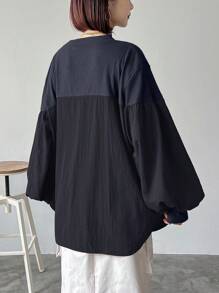 FRIFUL Áo thun nữ vải chắp vá rộng rãi viền cong màu tương phản - Màu xanh hải quân - Xem 5
