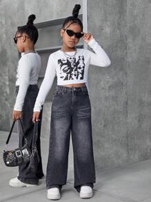 SHEIN Explorewe Jeans vaqueros rectos y sueltos de talle relajado en gris oscuro para niñas preadolescentes - Gris Oscuro - Ver 1