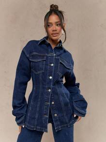 MISSGUIDED Cinched Waist Trucker Jacket Modern Longline Classic Outerwear Fall Spring Four Season Streetwear Double Chest Pockets Structured Silhouette Western Design Flattering - Blue - View 1