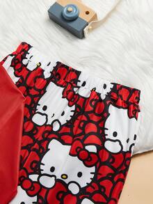 HELLO KITTY AND FRIENDS | SHEIN 2 件装少女可爱休闲卡通蝴蝶结图案长袖 T 恤和全身印花长裤睡衣套装 - 紅白色 - 查看 5