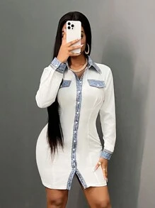 Slaydiva 2024 Nieuwe herfst lange mouw shirt patchwork denim effect print mini bodycon jurk voor vrouwen