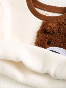 Cozy Pixies 2 件装男婴卡通熊图案拼色插肩圆领套头衫和慢跑裤套装 - 咖啡棕 - 查看 7