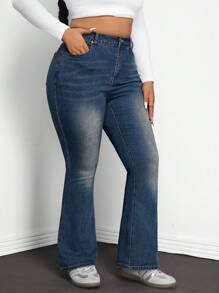 SHEIN ICON Plus High Waist Bleach Wash Flare Leg Jeans - Dark Wash - View 3