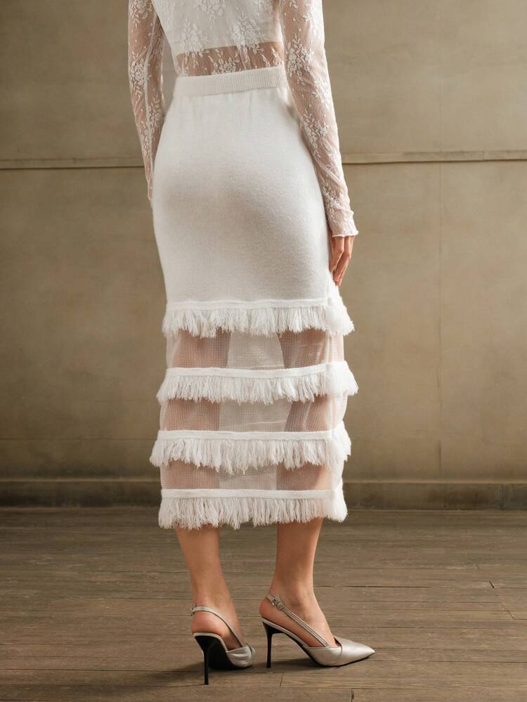 Damen eleganter schlanker Fransen Strick-Rock