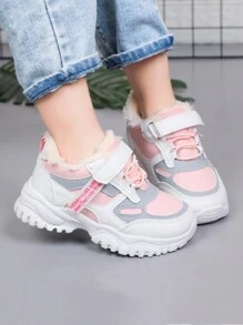 厚毛绒女童高帮运动鞋，新款保暖舒适儿童厚底厚运动鞋，适合男孩/大女孩户外/跑步，秋冬季 - 粉色 - 查看 2