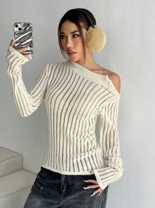 Flirla Women's Asymmetric Shoulder Long Sleeve Fitted Fashionable Knit Sweater For Autumn, Knit Pullover Fall Winter - Apricot - View 1