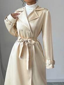 Selianne Lapel Shiny Long Sleeve Cinched Waist Waist Women Trench Coat Fall Cloth For Women - Gold - View 6