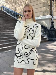 Sweter z golfem w swobodnym stylu, kontrastowym, ręcznie szytym, abstrakcyjnym haftem