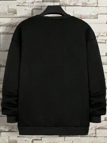 Manfinity 亲子万圣节套装：男士黑色抓绒圆领长袖卫衣，印有可爱幽灵图案，适合万圣节家庭穿着。 - 黑色 - 查看 2