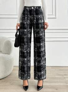 EURMUSE Women Solid Color High Waist Straight Pants - Black - View 1