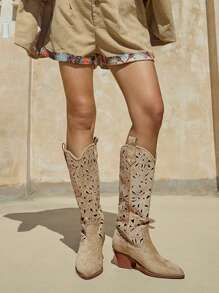 Styleloop Giày bốt cao gót thấp phong cách phương Tây thời trang cho nữ mùa thu - Màu be - Xem 1