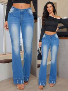 SHEIN Essnce Women Casual Low Waist Distressed Flare Leg Jeans - Medium Wash - View 1