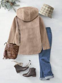 Chiquease 1 件女式拉链口袋连帽羊毛夹克，秋季和冬季服装 - 卡其色 - 查看 2