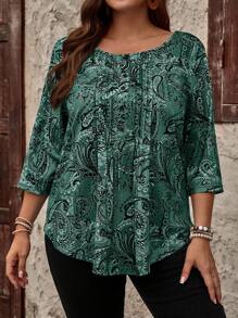 EMERY ROSE Plus Size Paisley Print Loose Fit Round Neck 3/4 Sleeve T-Shirt For Casual Daily Wear, Autumn