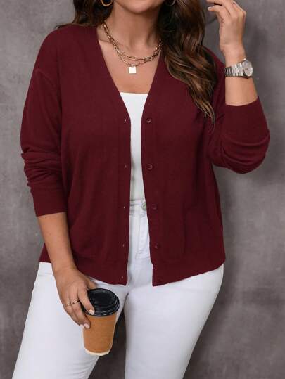 EMERY ROSE Plus Size Solid Color V-Neck Long Sleeve Cardigan, Casual For Autumn
