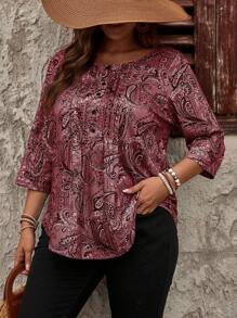 EMERY ROSE Camiseta casual con botones, de talla grande, con estampado de paisley - Burdeos - Ver 4