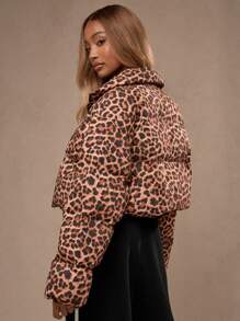 MISSGUIDED Leopard Print Puffer Crop Jacket Winter Puffer Insulated Padded Quilted Outerwear Coat Windproof Warm Cozy Fashion Zipper Puffer Jacket - Multicolor - View 3