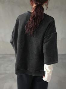 FRIFUL Women Casual Loose Round Neck Mid-Length Sleeve Split Open Sweatshirt - Black - View 5