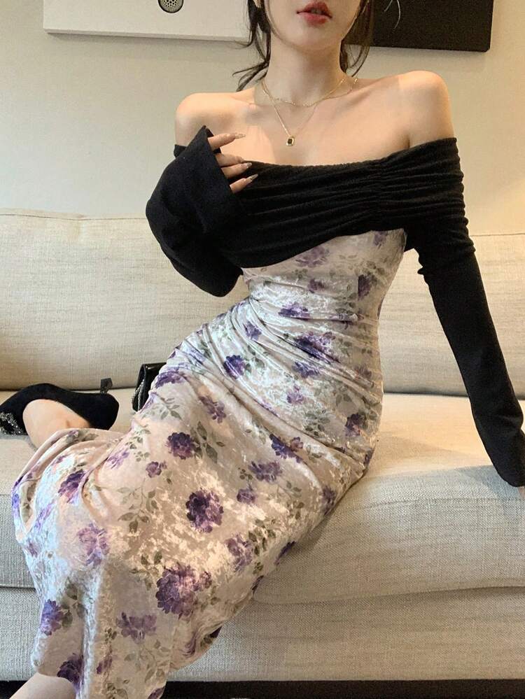 Color Block Off Shoulder Midi Dress For Women, Birthday Prom Dress,Fall Clothes Long Sleeve Dress Elegant Women Dresses Floral Dresses For Women