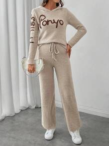 SHEIN LUNE 2 件套女士休闲撞色字母图案连帽衫和纯色裤子套装，秋冬 - 杏色 - 查看 5