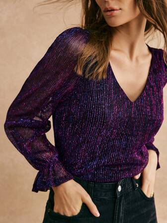 Poéselle 荷叶边袖闪光上衣派对单品