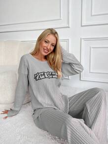 RueChic 100%Cotton Letter Printed Knitted Ribbed Homewear Set - Light Grey - View 4