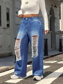 SHEIN EZwear 大码女式前扣口袋做旧简约牛仔裤，日常休闲装 - 中等水洗藍 - 查看 5
