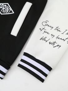 Manfinity Sporsity Men's Letter & Striped Long Sleeve Casual Baseball Jacket, Autumn, Mens Varsity Jacket, Baseball Jacket, Black And White Jacket
