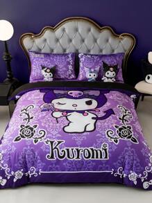 HELLO KITTY AND FRIENDS | SHEIN 3pcCartoon & Floral Print Purple Duvet Cover Set,Suitable For Single Bed/Double Bed/Queen Bed/King Bed, Dormitory/Home