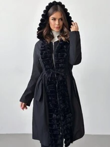 SHEIN Privé 女士连帽拼接毛绒收腰休闲宽松保暖外套秋冬季 - 黑色 - 查看 1