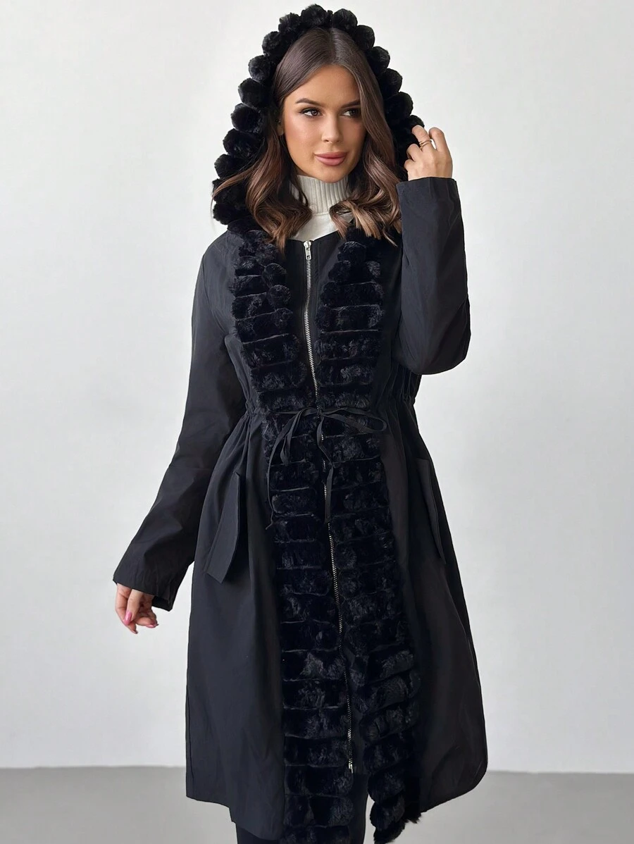 SHEIN Privé 女士连帽拼接毛绒收腰休闲宽松保暖外套秋冬季 - 黑色 - 查看 1