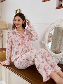 CottageSlumber 女士舒适碎花蝴蝶结装饰上衣和裤子睡衣套装，秋季假日季，舒适优雅的细节，秋冬服装