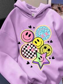 SHEIN Leap Crew Sudadera con capucha de manga larga, estilo casual y holgado, con estampado de cara de dibujos animados, adecuada para otoño/invierno, para niñas preadolescentes - Púrpura malva - Ver 4